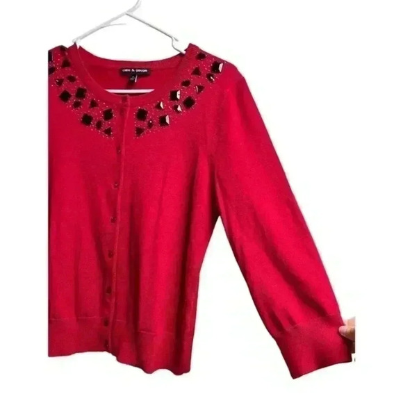 Cable & Gauge Red Embellished Sweater Cardigan Size Medium - Picture 3 of 6